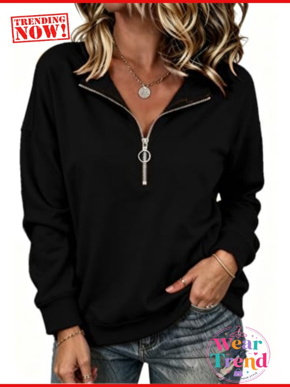 Women's Quarter Zip Lightweight Cotton Polyester Sweatshirt Long Sleeve Casual